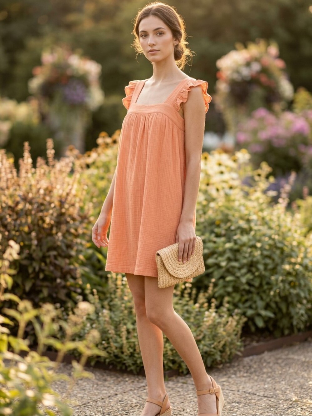 Loft Soft Orange Sleeveless Dress With Ruffles. Size M